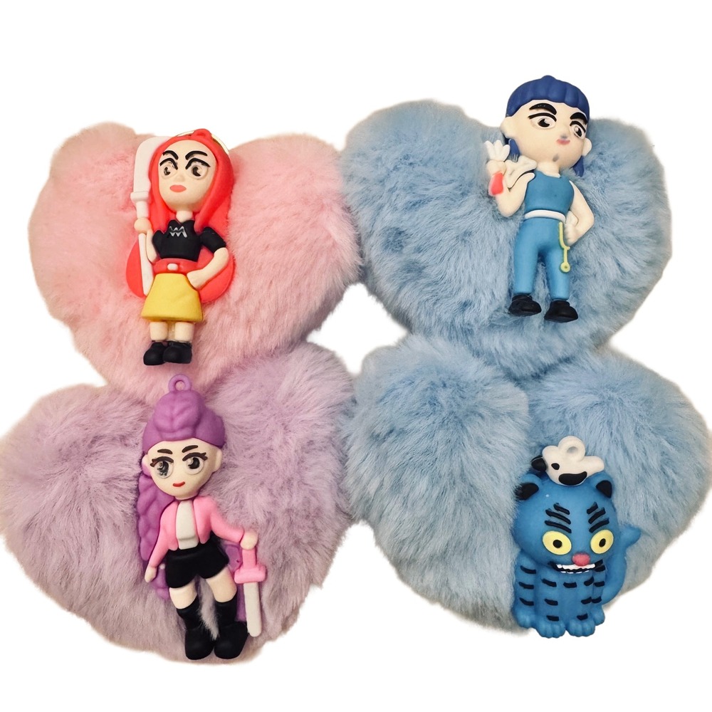 Anime Style Character Plush Heart Keychain Bundle Lot of 4 Fuzzy Bag Charms NWOT